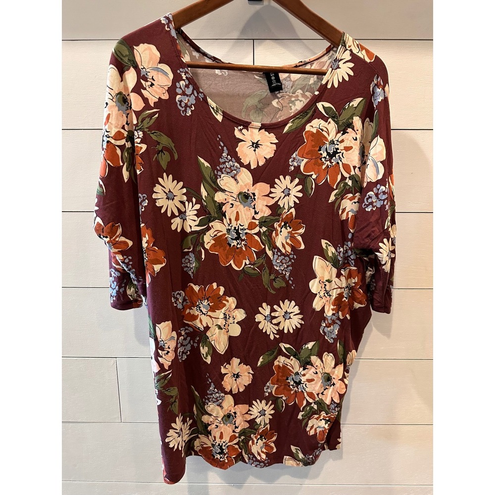 Agnes & Dora Women Large Burgundy Floral 3/4 Sleeve Tunic Top D17969PD2